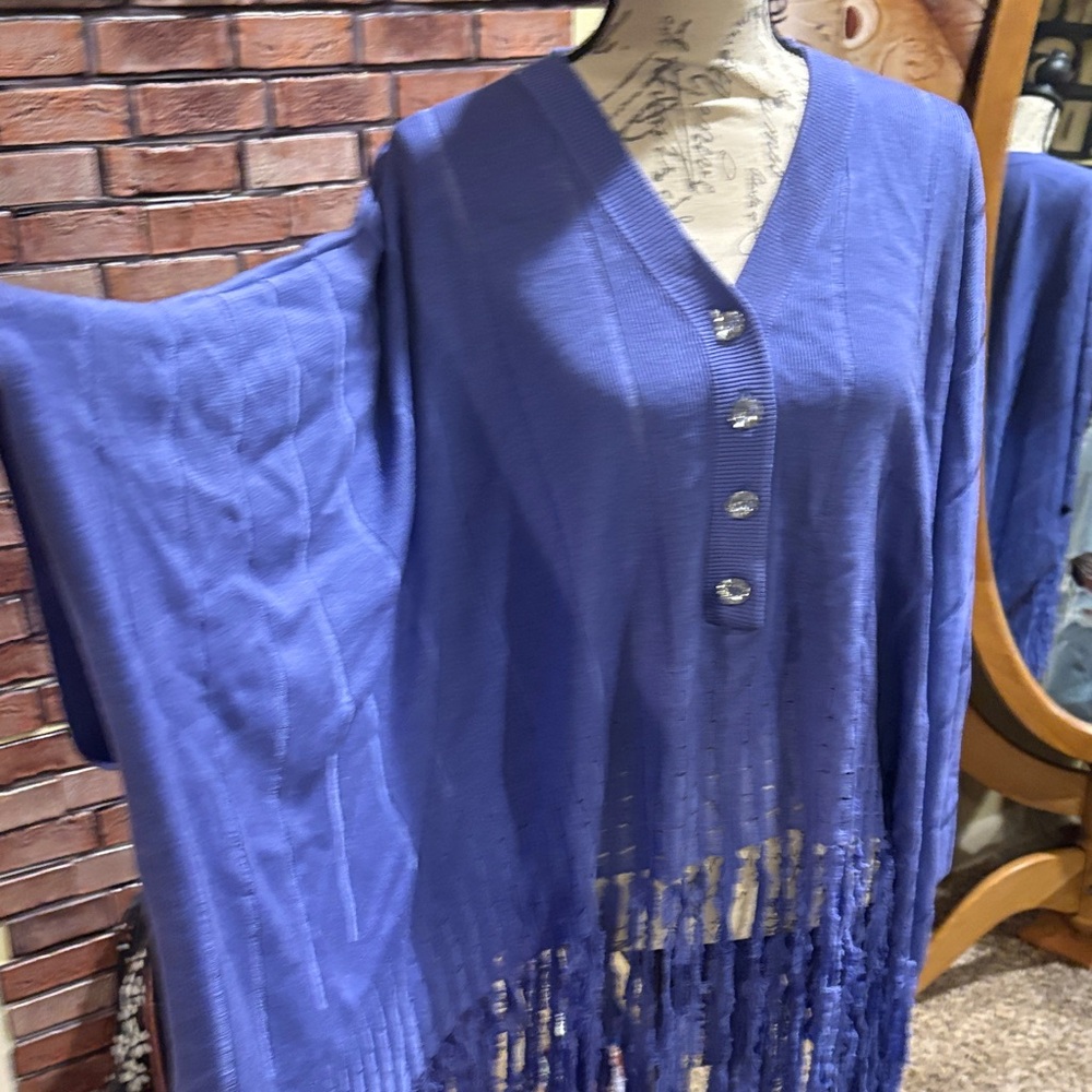 Blue Buttoned Poncho with Fringe